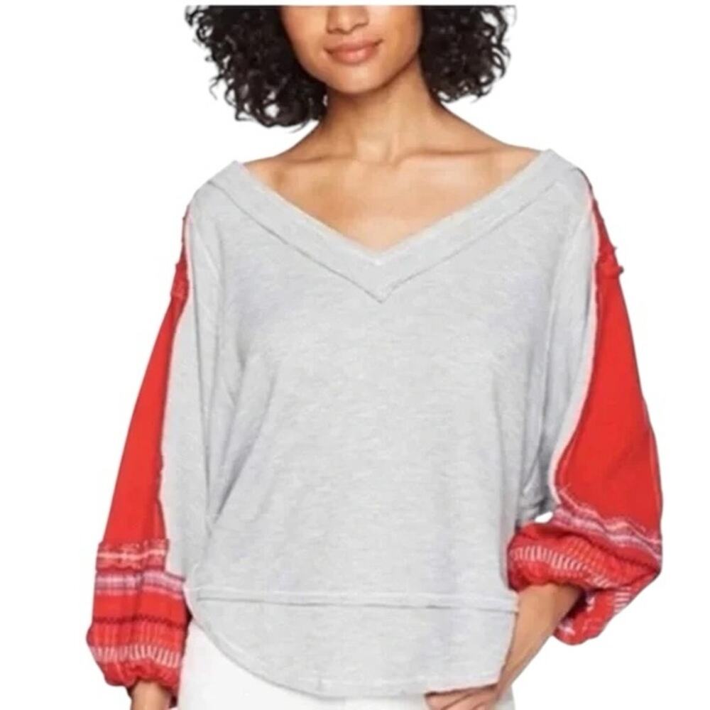 We The Free Red Grey Bubble Waffle Tee with Embroidered Sleeves S